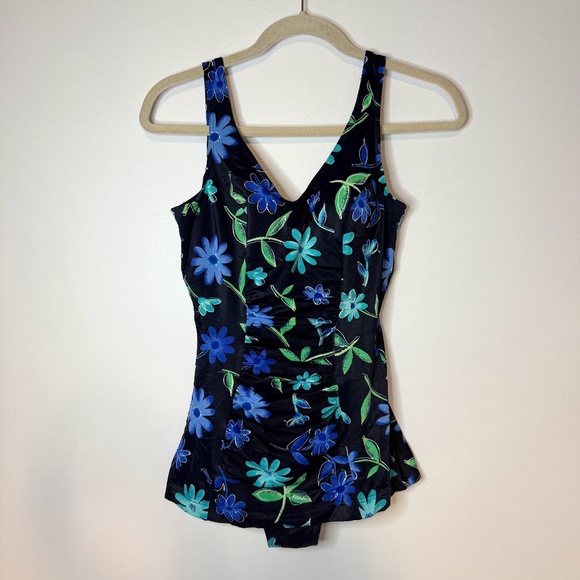 Vintage 90's Baltex Maillot One Piece Swimsuit Bathing Floral Blue Green - Picture 1 of 7